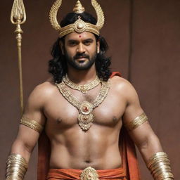 South Indian actor Prabhas dressed as the powerful and revered deity Lord Shri Ram, complete with a bow, quiver of arrows, and traditional attire.