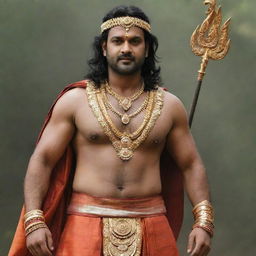 South Indian actor Prabhas dressed as the powerful and revered deity Lord Shri Ram, complete with a bow, quiver of arrows, and traditional attire.