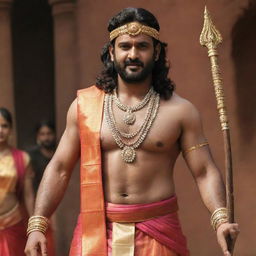 South Indian actor Prabhas dressed as the powerful and revered deity Lord Shri Ram, complete with a bow, quiver of arrows, and traditional attire.