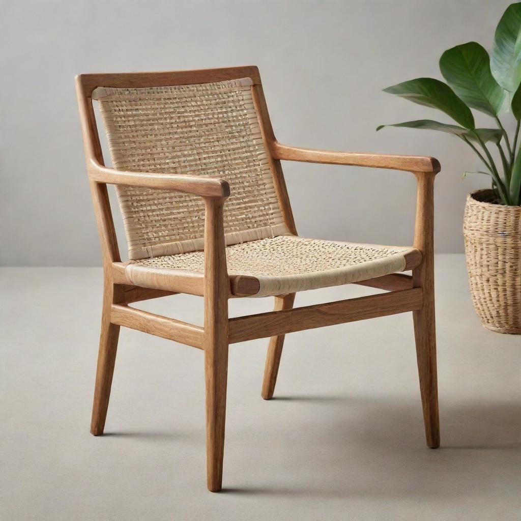 A Scandi Batavia chair with a progressive twist, combining the robustness of teak wood and intricate patterns of woven rattan, amplifying its modern design attributes.