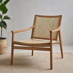 A Scandi Batavia chair with a progressive twist, combining the robustness of teak wood and intricate patterns of woven rattan, amplifying its modern design attributes.