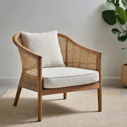 A Scandi Batavia chair with a progressive twist, combining the robustness of teak wood and intricate patterns of woven rattan, amplifying its modern design attributes.