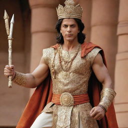 Indian actor Shah Rukh Khan portraying the revered deity Lord Shri Ram, complete with a bow, quiver of arrows, and traditional attire.