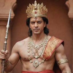 Indian actor Shah Rukh Khan portraying the revered deity Lord Shri Ram, complete with a bow, quiver of arrows, and traditional attire.