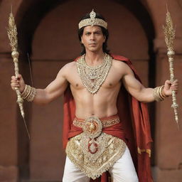 Indian actor Shah Rukh Khan portraying the revered deity Lord Shri Ram, complete with a bow, quiver of arrows, and traditional attire.