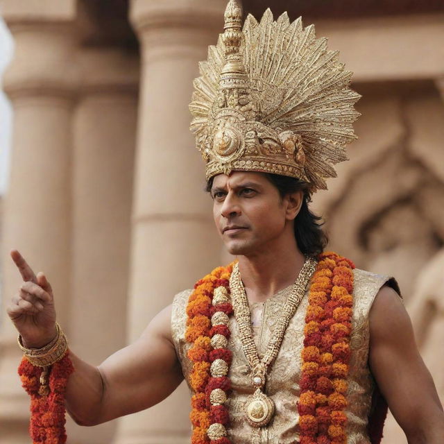 Indian actor Shah Rukh Khan portraying the revered deity Lord Shri Ram, complete with a bow, quiver of arrows, and traditional attire.