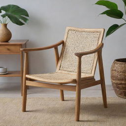 A modernly designed Scandi Batavia chair, featuring characteristics of Jepara craftsmanship, made of resilient teak wood and adorned with intricately woven rattan.