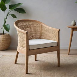 A modernly designed Scandi Batavia chair, featuring characteristics of Jepara craftsmanship, made of resilient teak wood and adorned with intricately woven rattan.