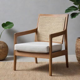 A modernly designed Scandi Batavia chair, featuring characteristics of Jepara craftsmanship, made of resilient teak wood and adorned with intricately woven rattan.