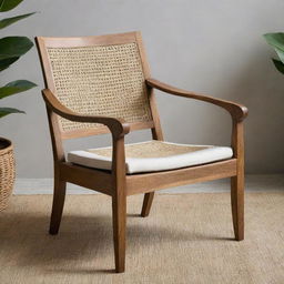 A modernly designed Scandi Batavia chair, featuring characteristics of Jepara craftsmanship, made of resilient teak wood and adorned with intricately woven rattan.