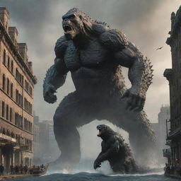 An awe-inspiring scene portraying a titanic battle between Godzilla and King Kong in a city environment, underlining their gigantic proportions.