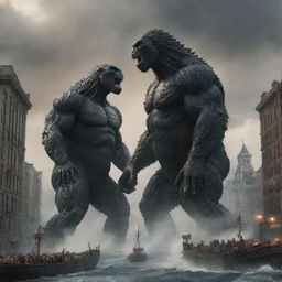 An awe-inspiring scene portraying a titanic battle between Godzilla and King Kong in a city environment, underlining their gigantic proportions.