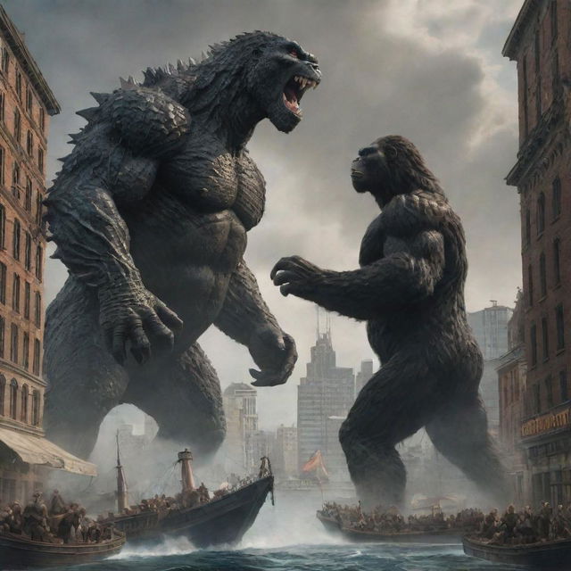 An awe-inspiring scene portraying a titanic battle between Godzilla and King Kong in a city environment, underlining their gigantic proportions.