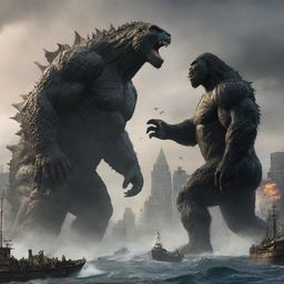 An awe-inspiring scene portraying a titanic battle between Godzilla and King Kong in a city environment, underlining their gigantic proportions.