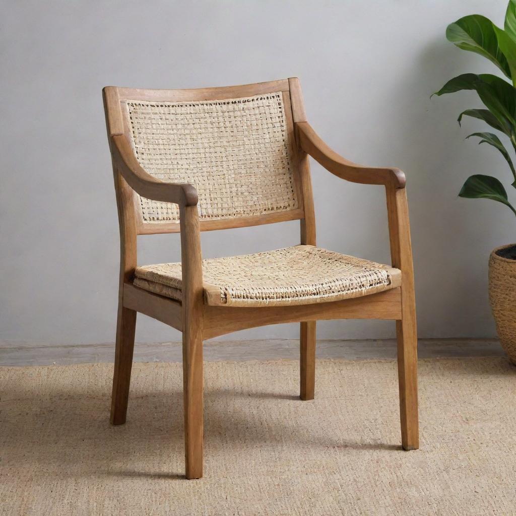 A distinct 'V' shaped modern Scandi Batavia chair, proudly representing Jepara craftsmanship, comprised of sturdy teak wood and patterned rattan weave.