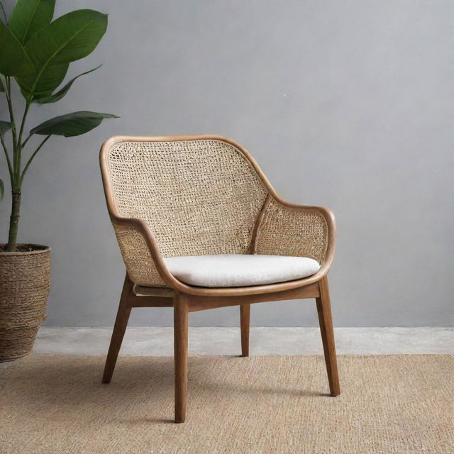 A distinct 'V' shaped modern Scandi Batavia chair, proudly representing Jepara craftsmanship, comprised of sturdy teak wood and patterned rattan weave.