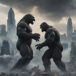 An epic cinematic scene illustrating the legendary face-off between Godzilla and King Kong amidst a modern city skyline.