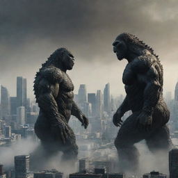 An epic cinematic scene illustrating the legendary face-off between Godzilla and King Kong amidst a modern city skyline.