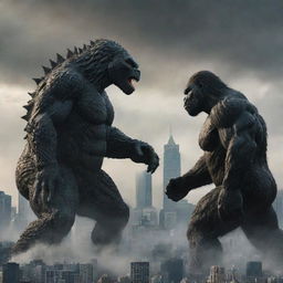 An epic cinematic scene illustrating the legendary face-off between Godzilla and King Kong amidst a modern city skyline.