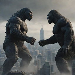 An epic cinematic scene illustrating the legendary face-off between Godzilla and King Kong amidst a modern city skyline.