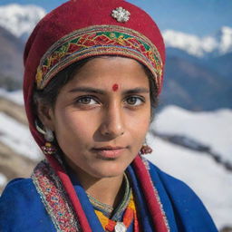 A portrait of a traditional Himachali girl from India, adorned in vibrant local attire, with snow-capped Himalayan mountains in the background.