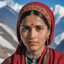 A portrait of a traditional Himachali girl from India, adorned in vibrant local attire, with snow-capped Himalayan mountains in the background.