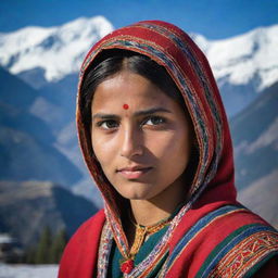 A portrait of a traditional Himachali girl from India, adorned in vibrant local attire, with snow-capped Himalayan mountains in the background.