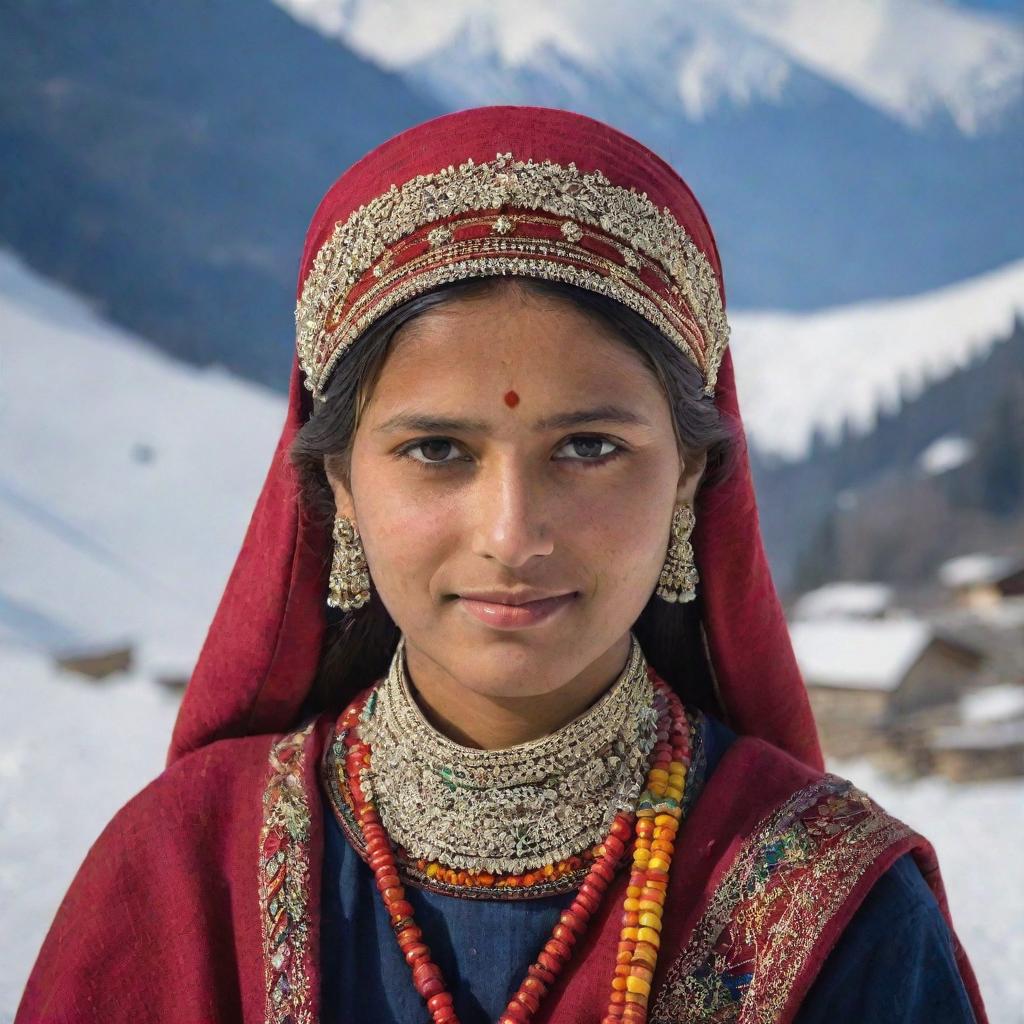 A portrait of a traditional Himachali girl from India, adorned in vibrant local attire, with snow-capped Himalayan mountains in the background.