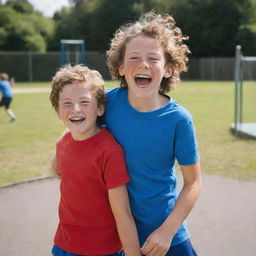 A young boy, around 10 years old, laughing and playing on a sunny playground. He has freckles, a mop of curly brown hair and is wearing blue shorts and a red t-shirt.