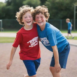 A young boy, around 10 years old, laughing and playing on a sunny playground. He has freckles, a mop of curly brown hair and is wearing blue shorts and a red t-shirt.