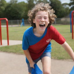 A young boy, around 10 years old, laughing and playing on a sunny playground. He has freckles, a mop of curly brown hair and is wearing blue shorts and a red t-shirt.