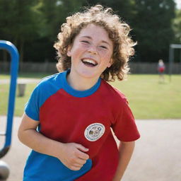 A young boy, around 10 years old, laughing and playing on a sunny playground. He has freckles, a mop of curly brown hair and is wearing blue shorts and a red t-shirt.