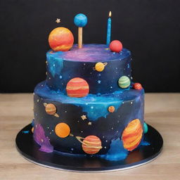 A colorful and detailed birthday cake designed with a vibrant space theme, including planets, stars, and galaxies.