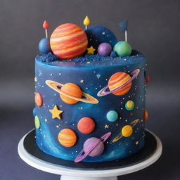 A colorful and detailed birthday cake designed with a vibrant space theme, including planets, stars, and galaxies.