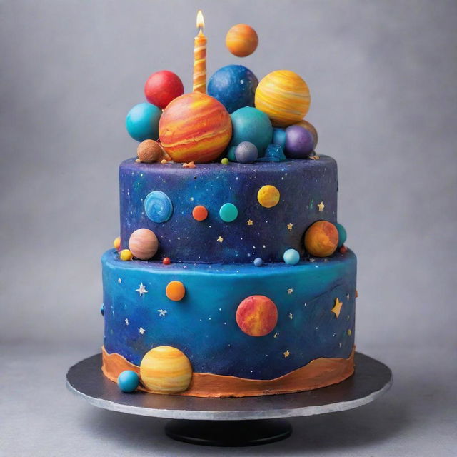 A colorful and detailed birthday cake designed with a vibrant space theme, including planets, stars, and galaxies.