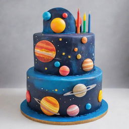 A colorful and detailed birthday cake designed with a vibrant space theme, including planets, stars, and galaxies.