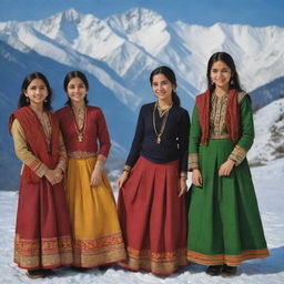 Enhance the previous portrait with additional figures, representing the Himachali girl enjoying a lively moment with her friends, still against the backdrop of the snow-capped Himalayan mountains.