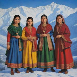 Enhance the previous portrait with additional figures, representing the Himachali girl enjoying a lively moment with her friends, still against the backdrop of the snow-capped Himalayan mountains.