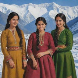 Enhance the previous portrait with additional figures, representing the Himachali girl enjoying a lively moment with her friends, still against the backdrop of the snow-capped Himalayan mountains.