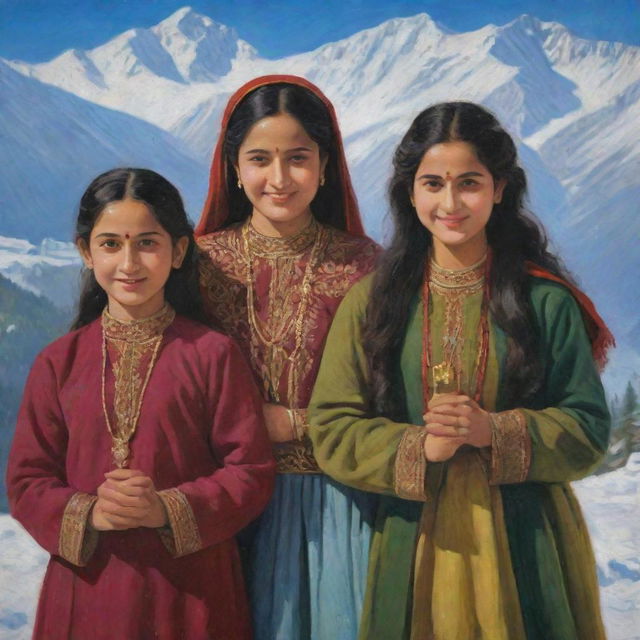 Enhance the previous portrait with additional figures, representing the Himachali girl enjoying a lively moment with her friends, still against the backdrop of the snow-capped Himalayan mountains.