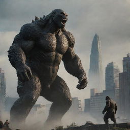 A remarkable showdown between Godzilla and Kong set in a city landscape, illustrating their massive sizes and ferocious looks.