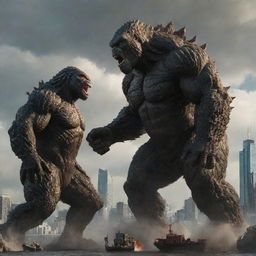 A remarkable showdown between Godzilla and Kong set in a city landscape, illustrating their massive sizes and ferocious looks.