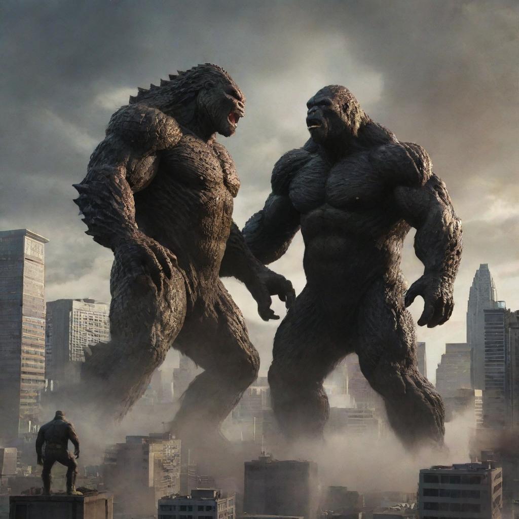 A remarkable showdown between Godzilla and Kong set in a city landscape, illustrating their massive sizes and ferocious looks.