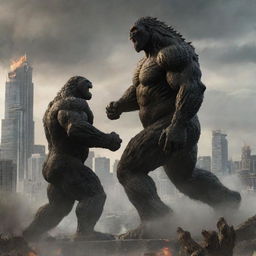 A remarkable showdown between Godzilla and Kong set in a city landscape, illustrating their massive sizes and ferocious looks.