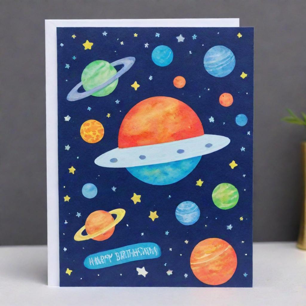 A festive birthday card with a vibrant space theme featuring galaxies, stars, planets and possibly a friendly alien or spaceship