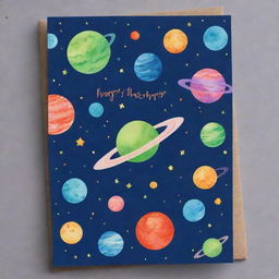 A festive birthday card with a vibrant space theme featuring galaxies, stars, planets and possibly a friendly alien or spaceship