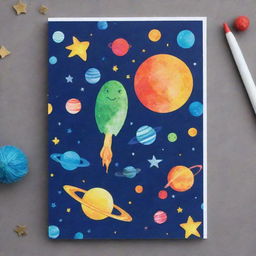 A festive birthday card with a vibrant space theme featuring galaxies, stars, planets and possibly a friendly alien or spaceship