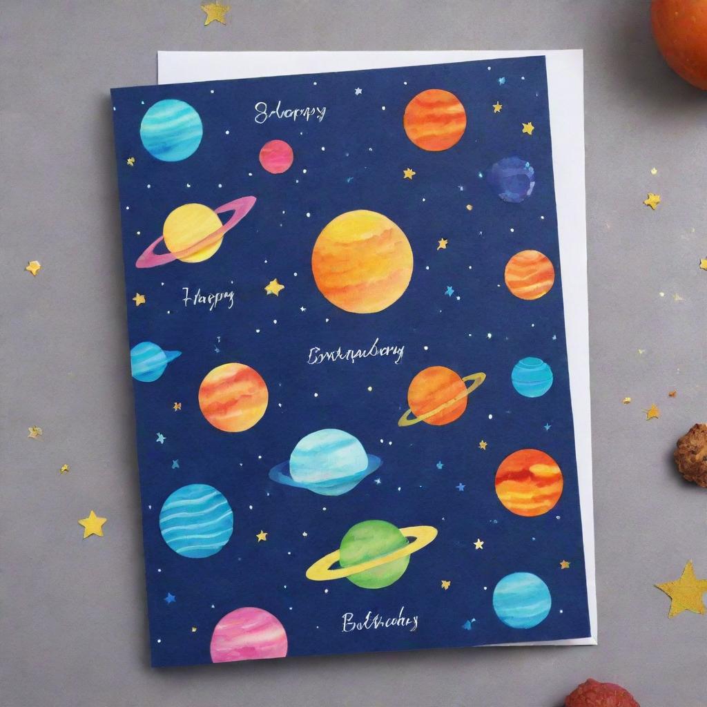 A festive birthday card with a vibrant space theme featuring galaxies, stars, planets and possibly a friendly alien or spaceship