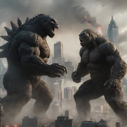 An exciting illustration of Godzilla and Kong locked in a fierce battle within a city's backdrop, emphasizing their monstrous sizes.