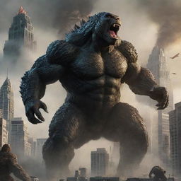 An exciting illustration of Godzilla and Kong locked in a fierce battle within a city's backdrop, emphasizing their monstrous sizes.